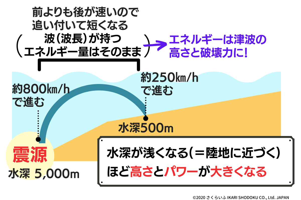 津波が陸地に近づくと波は大きくなる