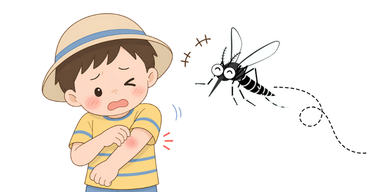 ヒトスジシマカの特徴や蚊に刺されないための予防方法を紹介したイラスト。虫よけ剤の選び方や服装など、夏のレジャーに役立つ蚊対策を解説。