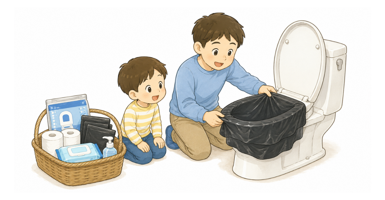 災害時のトイレの備えとして携帯トイレや衛生用品、ごみ袋などを紹介した誌面